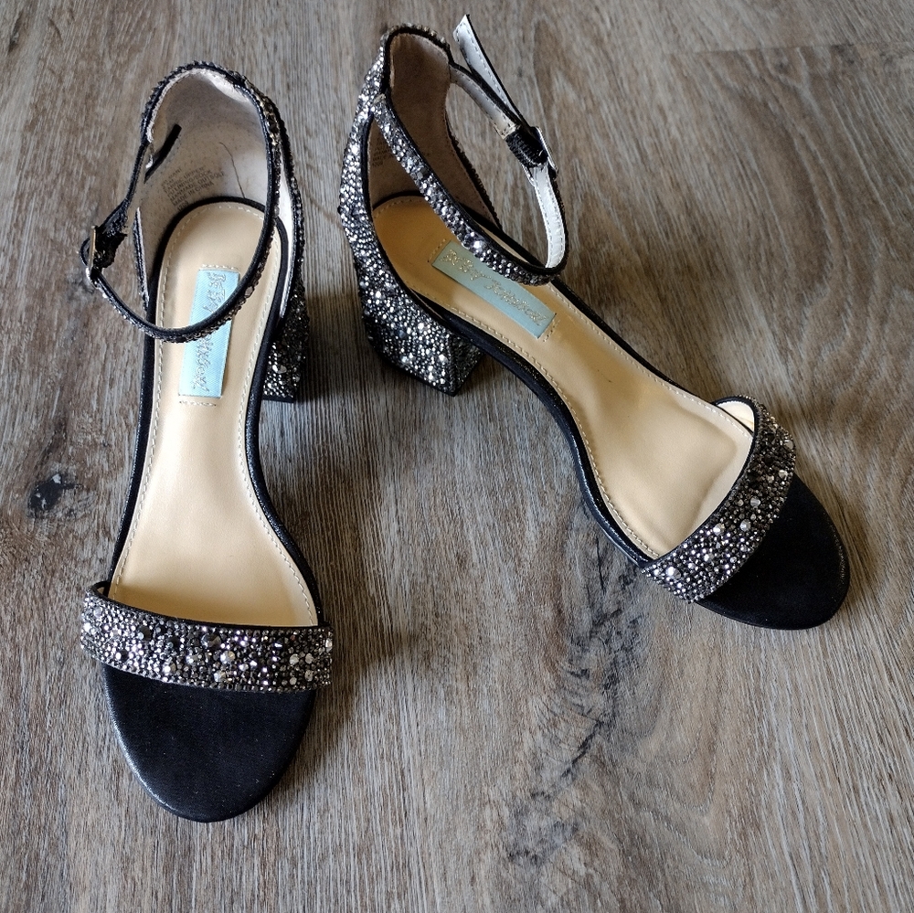Betsy Johnson Embellished Black Block Heel Sandals - Size 6.5 Women's